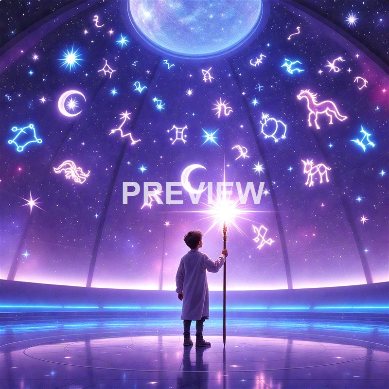 A young boy dressed in white robes holding a staff with a glowing star at the top, standing in a futuristic room with a domed ceiling displaying a vibrant starry sky filled with constellation symbols and celestial bodies in shades of purple and blue.